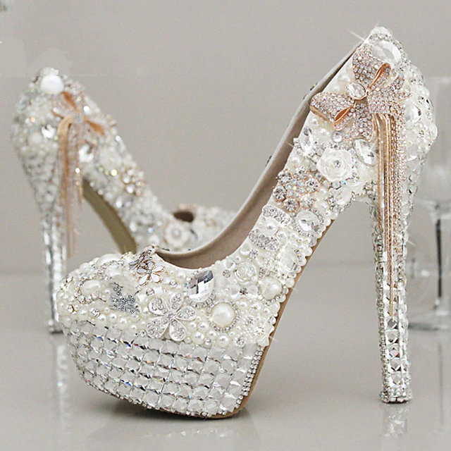 Women's White Rhinestone and Pearl Embellished Platform Stiletto Heels with Bow Accent – Luxury Bridal Wedding Shoes 8