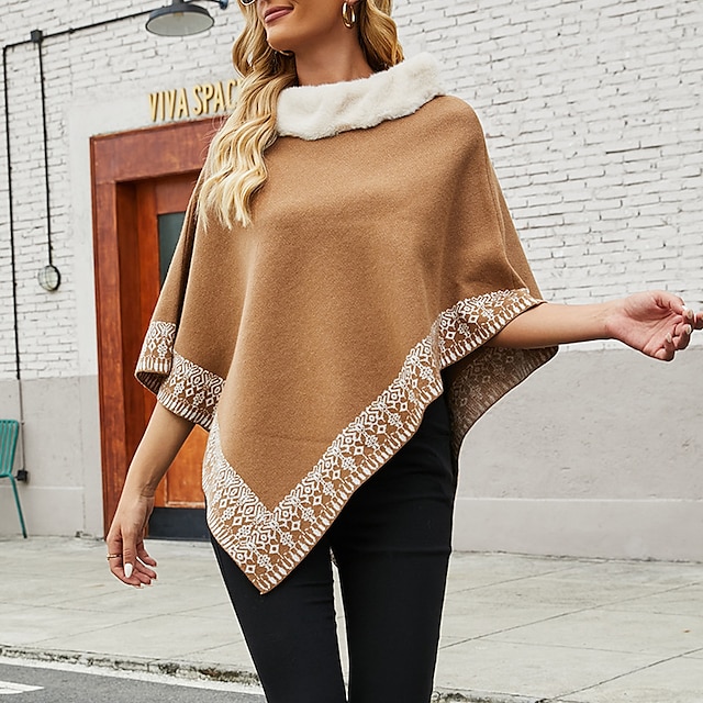  Women's Shirt Shrugs Ponchos Capes Black Camel Khaki Print Plain Casual Weekend Long Sleeve High Neck Ponchos Capes Regular Loose Fit One-Size