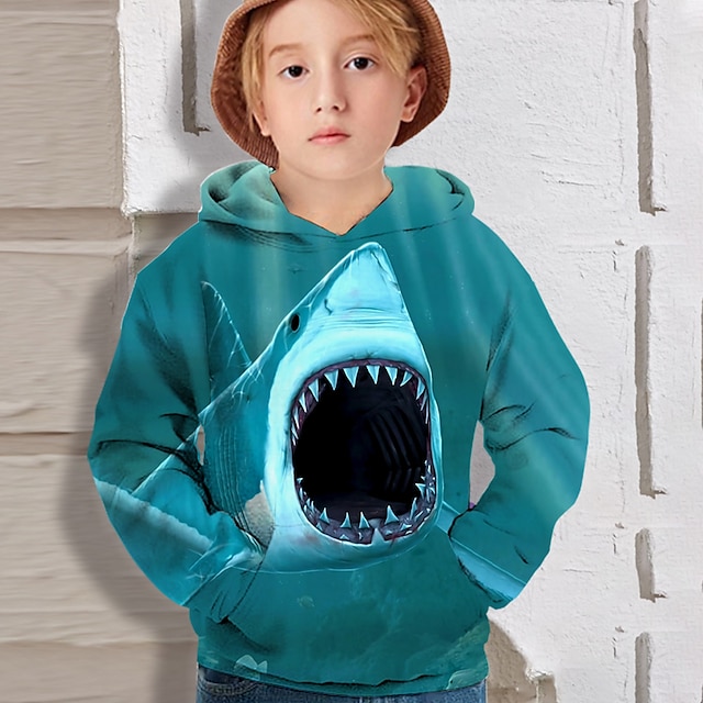 Baby & Kids Boys Clothing | Kids Boys Hoodie Long Sleeve 3D Print Shark Print Light Green Children Tops Fall Spring Active Daily