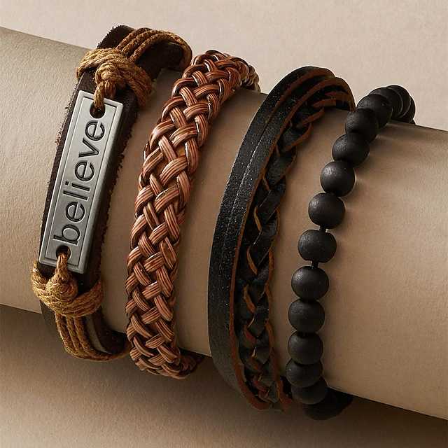 4PCS Leather Bracelet Set Braided Birthday Statement Elegant Fashion Holiday Leather Bracelet Jewelry Brown For Anniversary Gift Date Birthday Festival 6