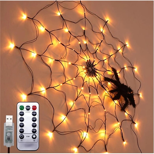  Halloween Decorations Lights Spider Web Lights 8 Modes 70LEDs Orange LED Net String Light with Black Spider USB Or AA Battery Power For Scary Halloween Decoration Garland Lighting With Remote Controll