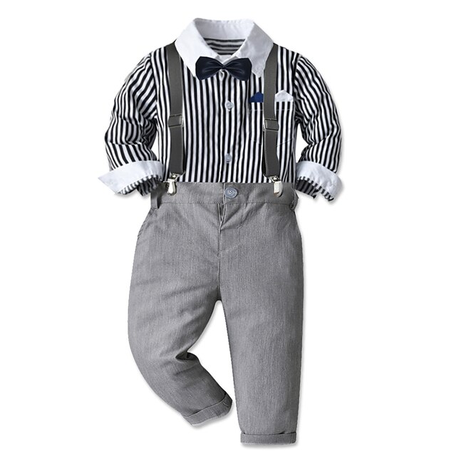 Baby & Kids Boys Clothing | Kids Toddler Boys Childrens Day Shirt & Pants Clothing Set 4 Pieces Long Sleeve Gray Striped Cotton 