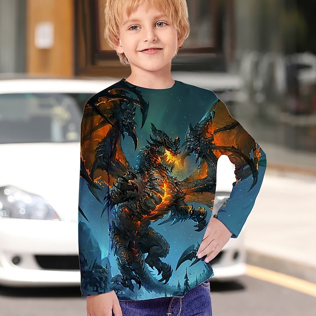  Gutt 3D Dyr T skjorte Langermet 3D-utskrift Høst Aktiv Polyester Barn 4-12 år Normal