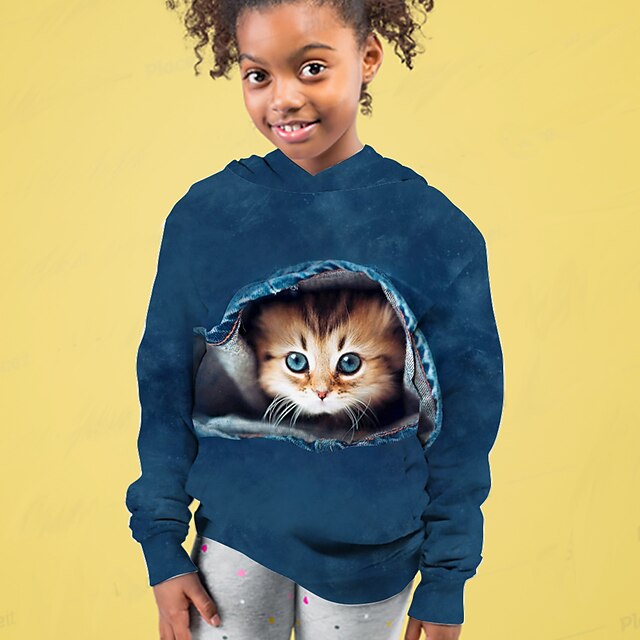 Baby & Kids Girls Clothing | Kids Girls Hoodie Long Sleeve Dusty Blue 3D Print Cat Active 4-12 Years / Fall - AM16167