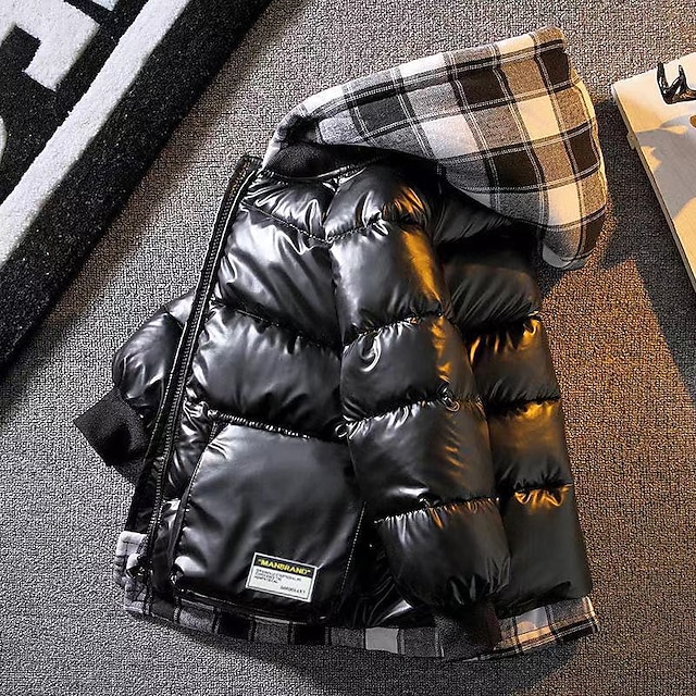  Boys Down Jacket Winter Coat Long Sleeve Outerwear Plaid Boys Waterproof Hooded Keep Warm Jacket  Daily Childrens Clothes