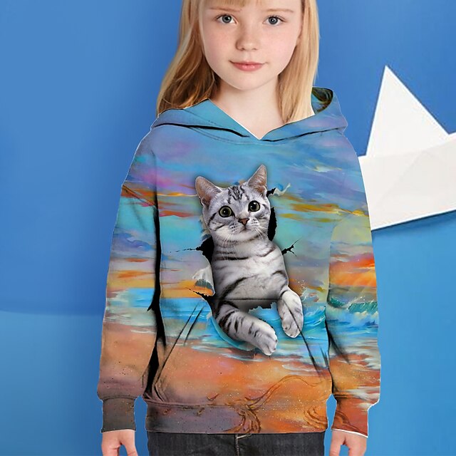 Baby & Kids Girls Clothing | Kids Girls Hoodie Long Sleeve Blue 3D Print Cat Animal Active 4-12 Years / Fall - SG46274