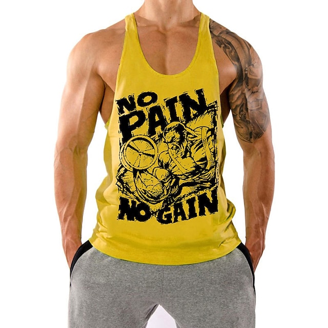  men gym no pain no gain bodybuilding stringer tank top muscle training fitness sleeveless cotton vest size m, yellow
