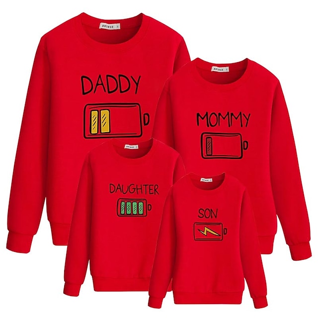 Baby & Kids Matching Outfits | Tops Family Look Letter Athleisure Print Red Long Sleeve Basic Matching Outfits - KF61321