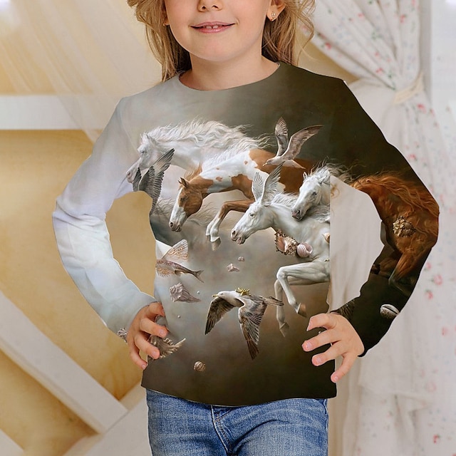  Kinder Pferde T-Shirt Langarm braun hellgrün 3D Druck Vogel Pferd aktiv 4-12 Jahre / Herbst