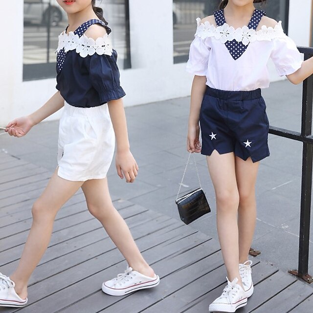 Baby & Kids Girls Clothing | Kids Girls T-shirt & Shorts 2 Pieces Short Sleeve Navy Sleeveless striped skirt White Flower / Flor