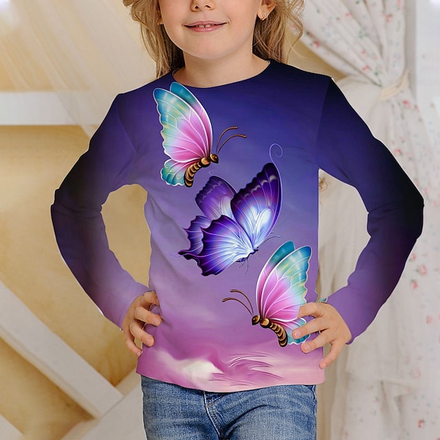  3d print vlinder t-shirt kinderen meisjes lange mouw wijn kinderen tops vallen actief regular fit 4-12 jaar