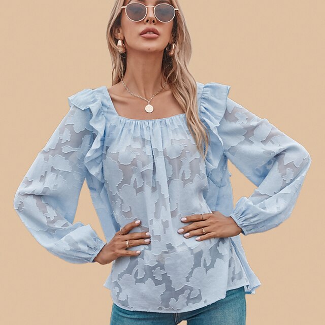  Women's Blouse Plain Street Daily Blouse Long Sleeve U Neck Basic Essential Fashion Blue S / Summer