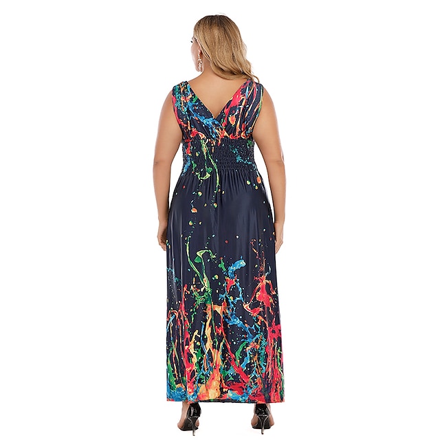 Womens Clothing Plus Size Collection | Womens Plus Size A Line Dress Print V Neck Print Sleeveless Summer Sexy Boho Midi Dress H