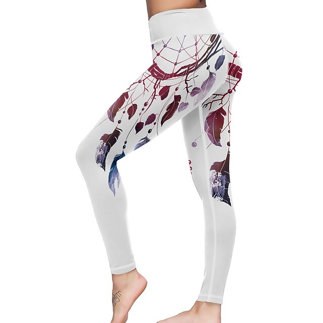  Women's Leggings Sports Gym Leggings Yoga Pants Spandex White Winter Tights Leggings Feathers Tummy Control Butt Lift Clothing Clothes Yoga Fitness Gym Workout Running / High Elasticity / Athletic