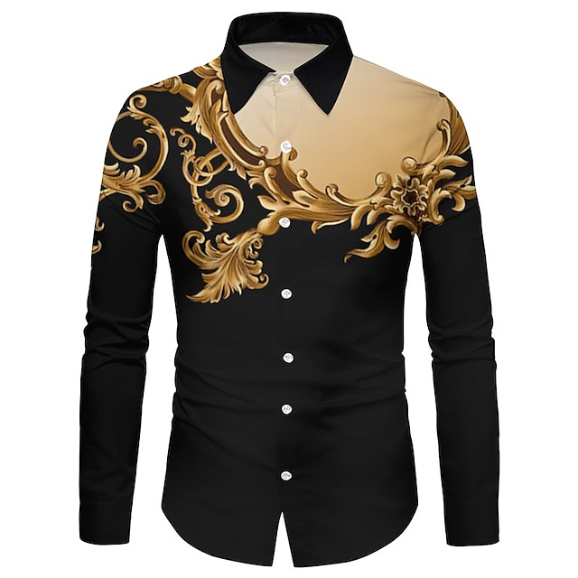  Men's Shirt  Floral Collar Street Casual  Button-Down Long Sleeve Tops Casual Fashion Breathable Comfortable Black / Sports