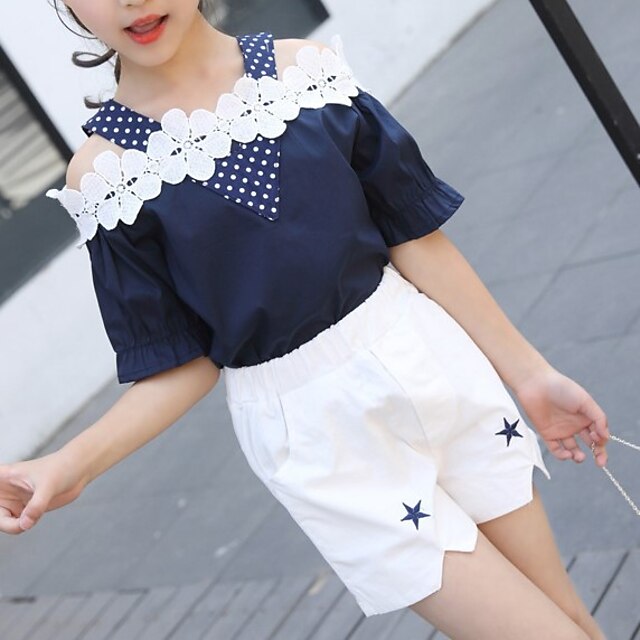 Baby & Kids Girls Clothing | Kids Girls T-shirt & Shorts 2 Pieces Short Sleeve Navy Sleeveless striped skirt White Flower / Flor