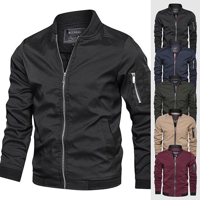 Men's Bomber Jacket Lightweight Casual Thin Zip Pockets Coat Outwear Hiking Windbreaker Military Tactical Sports Trench Coat Outdoor Windproof Ripstop Breathable Multi Pockets Coat Top khaki Black2