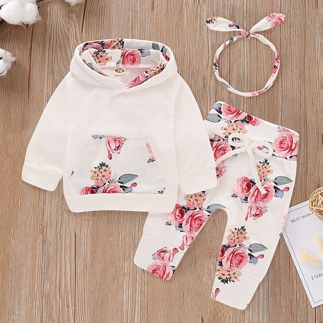  3 Pieces Baby Girls' Hoodie & Pants Clothing Set Fashion Casual Daily Cotton White Floral Print Long Sleeve Regular / Fall / Winter