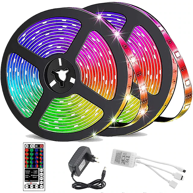 LED Strip Lights Waterproof 10M(2x5M) Flexible LED Strip Lights RGB Tiktok Lights 2835 600LEDs 8mm 44Keys IR Remote Controller 25