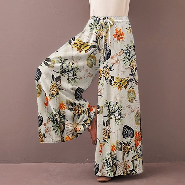  Women's Culottes Wide Leg Trousers Slacks Pants Trousers Cotton And Linen Yellow Red Dark Blue Fashion Streetwear Mid Waist Pocket Print Holiday Weekend Full Length Flower / Floral Comfort S M L XL