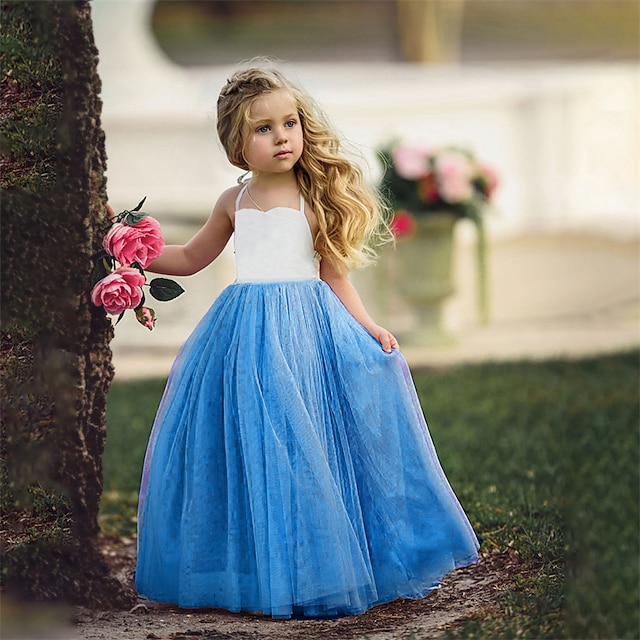  子供 女の子 ドレス ソリッド ノースリーブ 成人式 ウェディングパーティー プリーツ ホルター ベーシック メッシュ マキシ チュールワンピース 3〜10年 ライトブルー