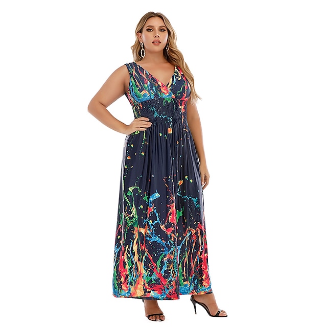 Womens Clothing Plus Size Collection | Womens Plus Size A Line Dress Print V Neck Print Sleeveless Summer Sexy Boho Midi Dress H