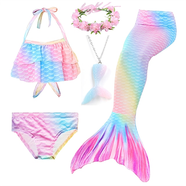  Kids Girls' Five Piece Bikini Swimming Rainbow Cute Print Bathing Suits 3-10 Years Spring Rose Red