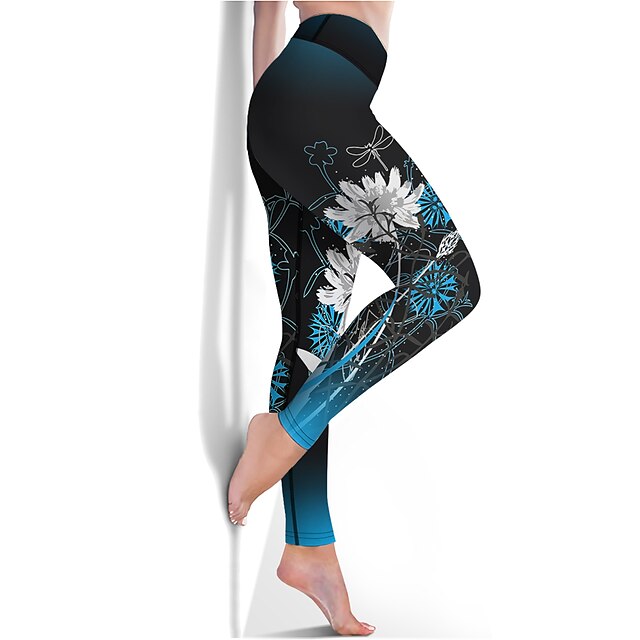 Women's Leggings Sports Gym Leggings Yoga Pants Spandex Dark Navy Cropped Leggings Floral Tummy Control Butt Lift Quick Dry Clothing Clothes Yoga Fitness Gym Workout Running / High Elasticity