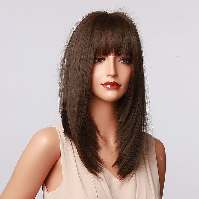 Brown Wigs For Women Hair Cube Long Synthetic Bob Wigs With Bangs Straight Dark Brown Layered 