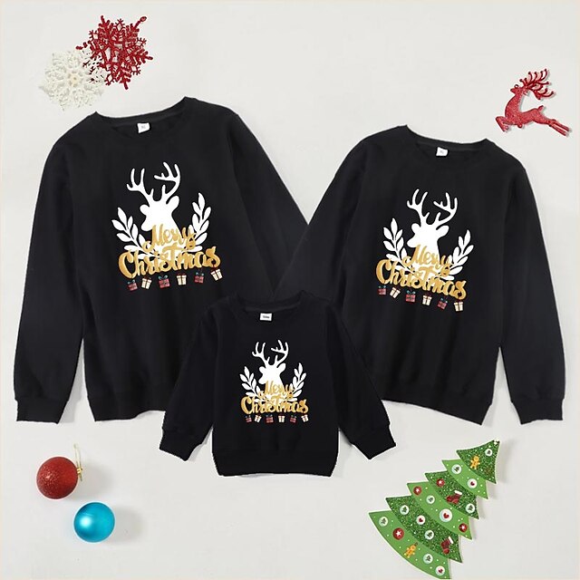  Christmas Tops Family Look Cotton Deer Letter Animal Christmas Gifts Print Black Red Long Sleeve Basic Matching Outfits / Fall / Spring / Cute