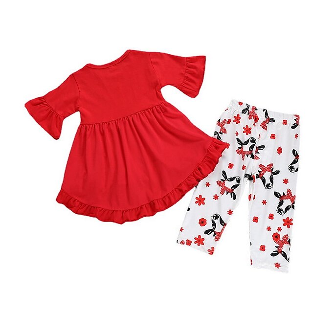 Baby & Kids Girls Clothing | Kids Girls T-shirt & Pants 2 Pieces Long Sleeve Half Sleeve Red Cartoon Animal Print Cotton Active 