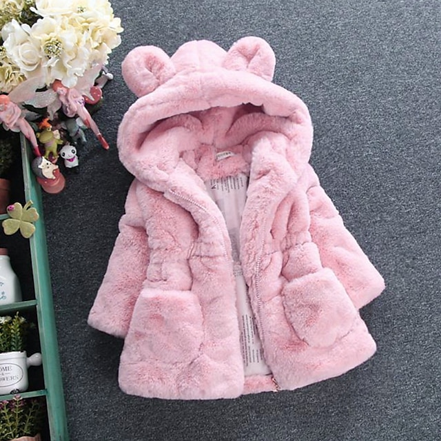  Girls' 3D Solid Color Coat Long Sleeve Winter Active Cute Cotton Kids 3-8 Years Daily Regular Fit