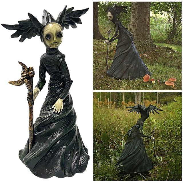  Fada bruxa com muleta estatueta estátua ao ar livre escultura de jardim para pátio gramado varanda decoração de halloween