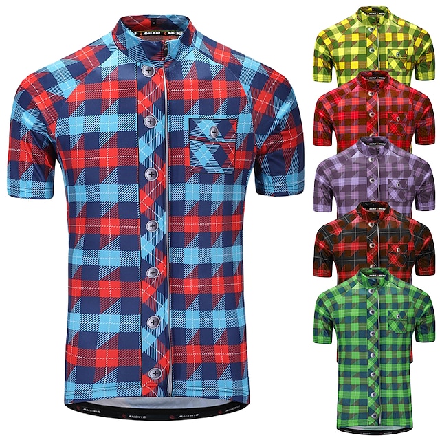  Men's Cycling Jersey Short Sleeve Bike Jersey Top with 3 Rear Pockets Mountain Bike MTB Road Bike Cycling Breathable Anatomic Design Quick Dry Green Purple Yellow Plaid Checkered Polyester Sports