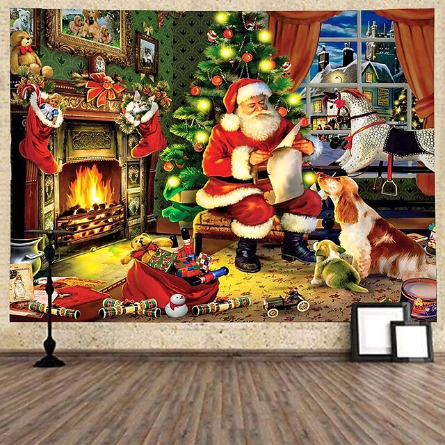 Christmas Decorations Santa Claus Holiday Party Xmas Large Wall Tapestry Photo Background Backdrop Art Decor Photo Background Home Bedroom Living Room Tree Snowman Elk Snowflake Candle Gift Fireplace 16