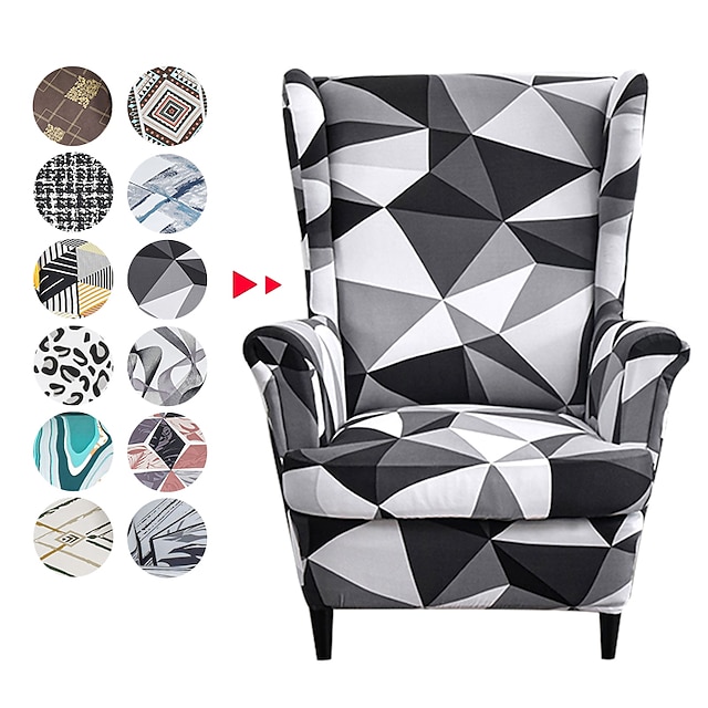 2 Piece Wingback Chair Cover Stretchy Armchair Cover Printed Wingback Chair Covers Polyester Spandex for Furniture Protector in Living Room,Black and White 