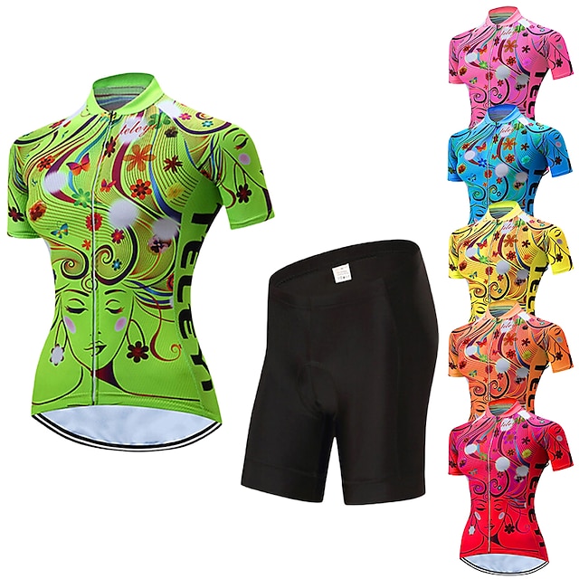  21Grams Women's Cycling Jersey with Shorts Short Sleeve Mountain Bike MTB Road Bike Cycling Green Yellow Rosy Pink Stripes Floral Botanical Bike Clothing Suit UV Resistant 3D Pad Breathable Quick Dry