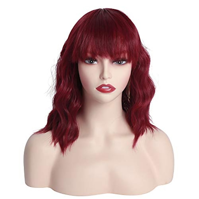 Red Wig Wavy Short Wave Red Wig With Bangs Synthetic Ombre 118 Red Cosplay Wig For Women