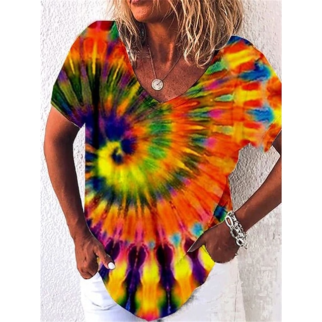 

Women's Abstract Painting T shirt Graphic Tie Dye Print V Neck Basic Tops Green Purple Red / 3D Print