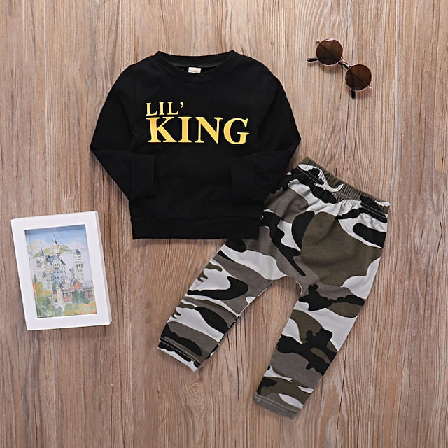 Baby & Kids Boys Clothing | Kids Boys T-shirt & Pants 2 Pieces Long Sleeve Gray Camo Camouflage Letter Print Cotton Casual Daily