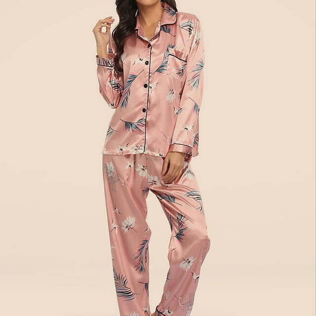  Women's Pajamas Sets 1 set Flower Simple Hot Comfort Home Party Daily Satin Gift Lapel Long Sleeve Shirt Pant Elastic Waist Print Fall Spring 6003 6020 / Buckle / Club