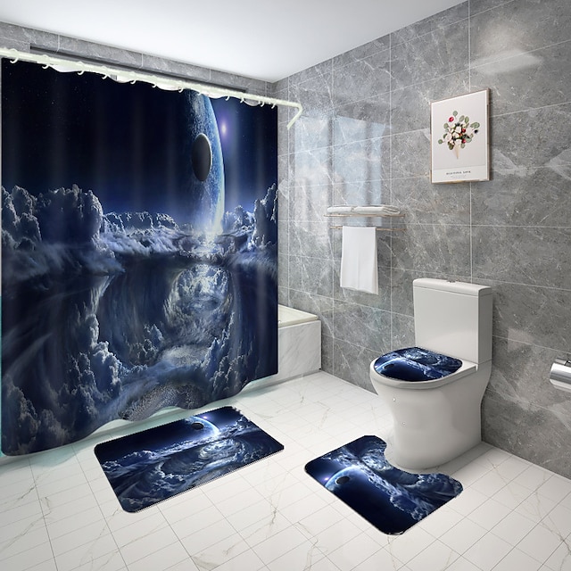 Home & Garden Bath Accessories | Star Universe Series Digital Printing Four-piece Set Shower Curtains and Hooks Modern Polyester