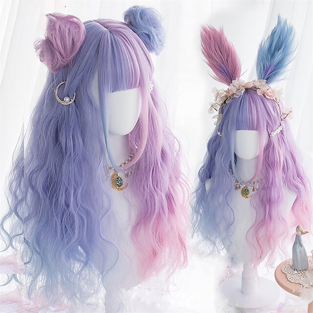 

Blue Wigs for Women Blue Pink Lolita Wigs Ombre Long Water Wave Cosplay Wigs Synthetic Hair Wigs Heat Resistant for Women American Style