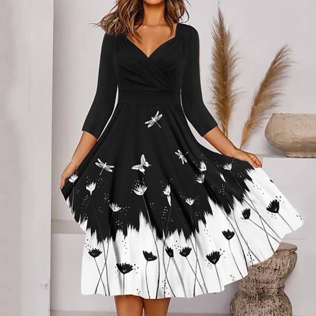 Dames A lijn jurk Knielengte jurk Zwart 3/4 mouw Vlinder Met ruches Afdrukken Herfst V-hals Casual 2022 M L XL XXL 2023 - US $19.99