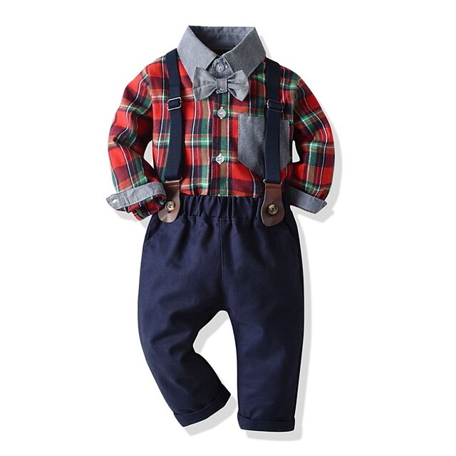 Baby & Kids Boys Clothing | Kids Boys Suit & Blazer Clothing Set 2 Pieces Long Sleeve Red Plaid Bow Print Cotton Casual / Daily 