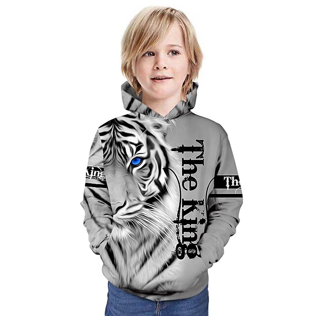 Baby & Kids Boys Clothing | Kids Boys Hoodie Long Sleeve White Gray Khaki 3D Print Tiger Letter Animal Pocket Outdoor Active 4-1