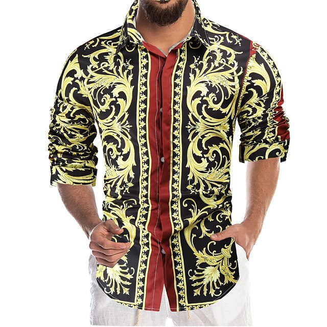 Mens Clothing Mens Shirts | Mens Shirt Geometric Classic Collar Holiday Beach Print Long Sleeve Tops Casual Tropical Yellow - IE