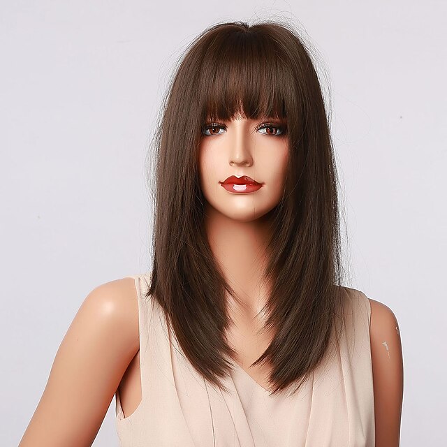 Brown Wigs For Women Hair Cube Long Synthetic Bob Wigs With Bangs Straight Dark Brown Layered 