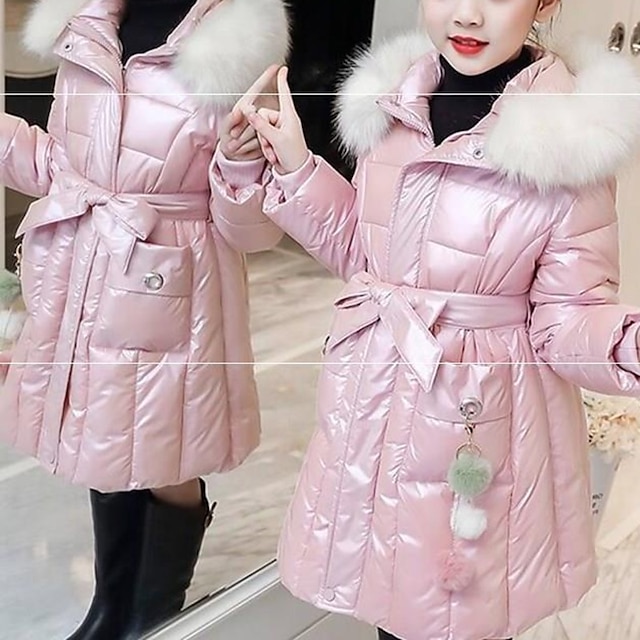 Baby & Kids Girls Clothing | Kids Girls Jacket & Coat Big red Black Pink Solid Color Fur Trim Winter Glossy 2-6 Years / Cute / C