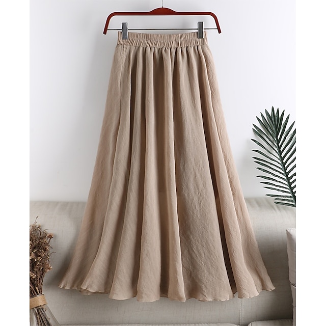  Women's Swing Long Skirt Linen Skirts Midi Skirts Ruched Pleated Solid Colored Daily Going out Spring & Summer Cotton Blend Linen Cotton Blend Fashion Basic Casual Black White Pink Blue